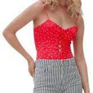 NWT Zara Satin Effect Red Star Lace Up Bodysuit Size Medium